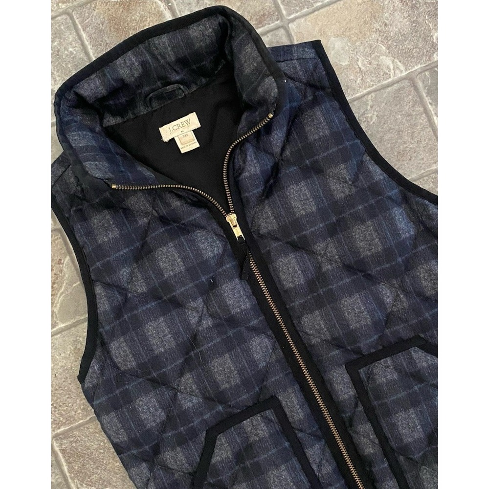 J. Crew Plaid Quilted Puffer Vest Womens XXS Gray Blue‎ Down Insulated 2 Way Zip